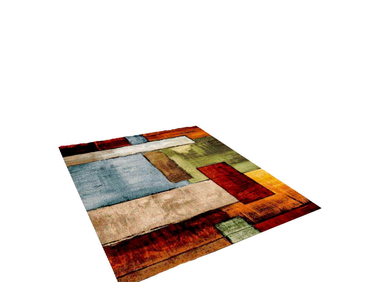 Moderner Teppich mit buntem geometrischem Muster in einem hellen Wohnzimmer, Perspektive von schräg oben.