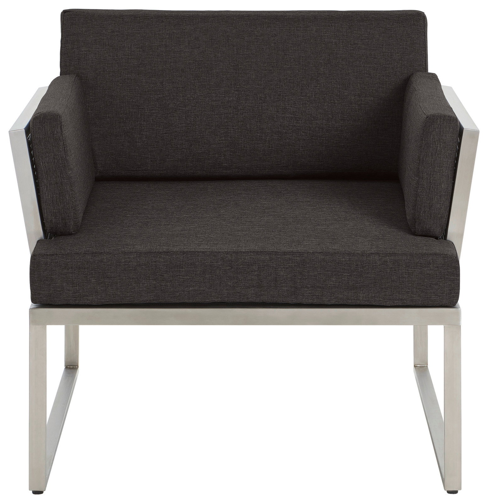 Moderner Loungesessel mit dunklem Stoffbezug und Metallrahmen, Frontalansicht