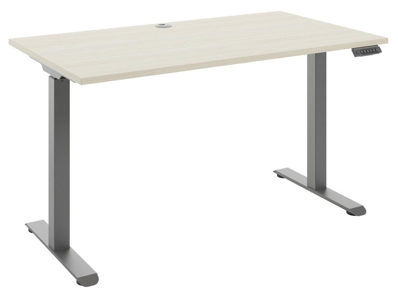 Moderner höhenverstellbarer E-Schreibtisch mit heller Holzoberfläche und grauem Metallgestell, seitliche Perspektive