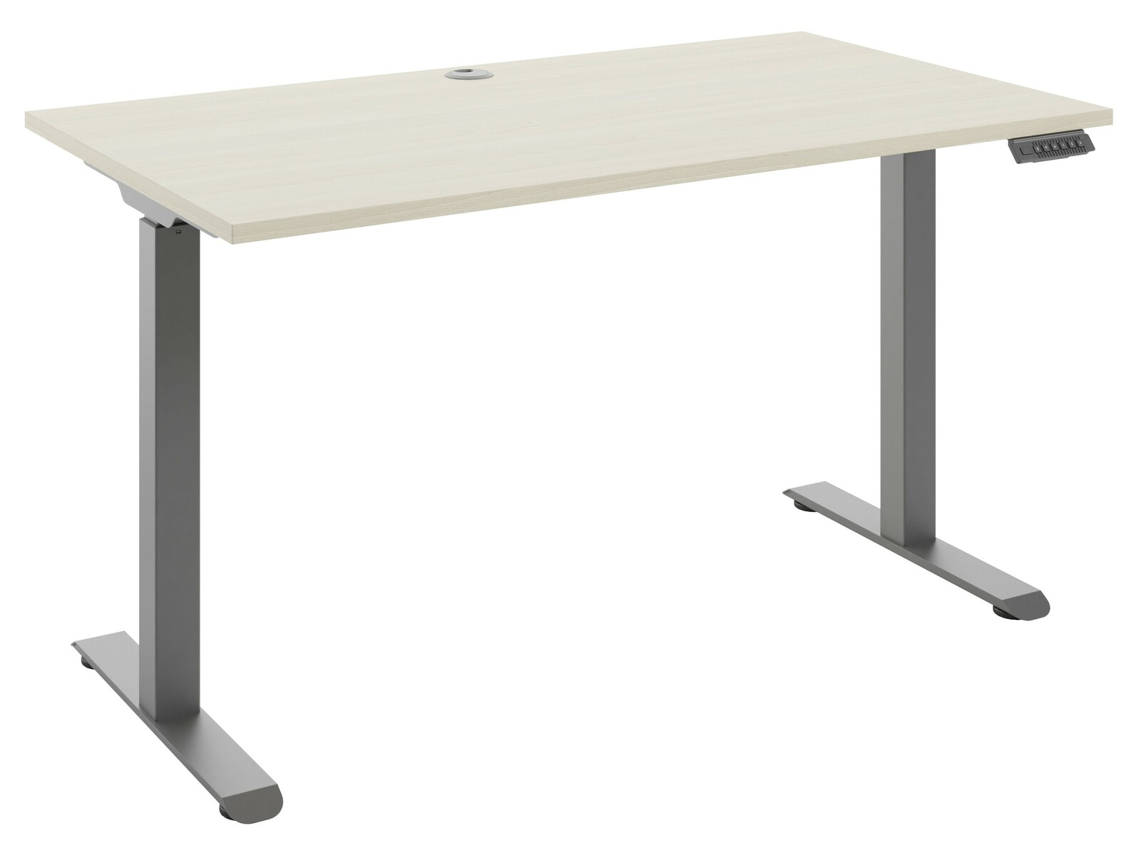 Manjana E-Schreibtisch 1-motorig OHIO Moderner höhenverstellbarer E-Schreibtisch mit heller Holzoberfläche und grauem Metallgestell, seitliche Perspektive