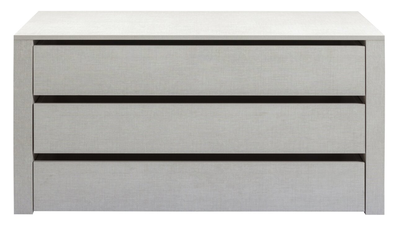 Schubkasteneinsatz in heller Holzoptik, frontal betrachtet mit drei Schubladen.