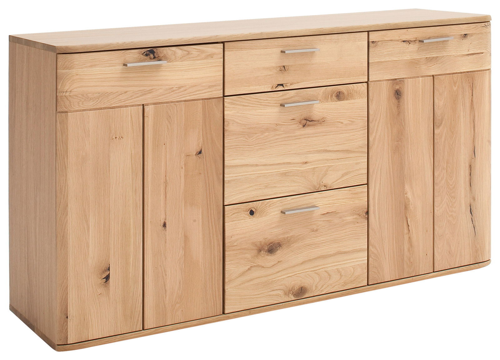 Holz-Sideboard mit drei Schubladen und zwei Türen, Perspektive von vorne links