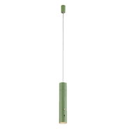 Grüne Akku-Pendelleuchte in zylindrischer Form, von der Seite betrachtet, mit einem langen Kabel von der Decke hängend.