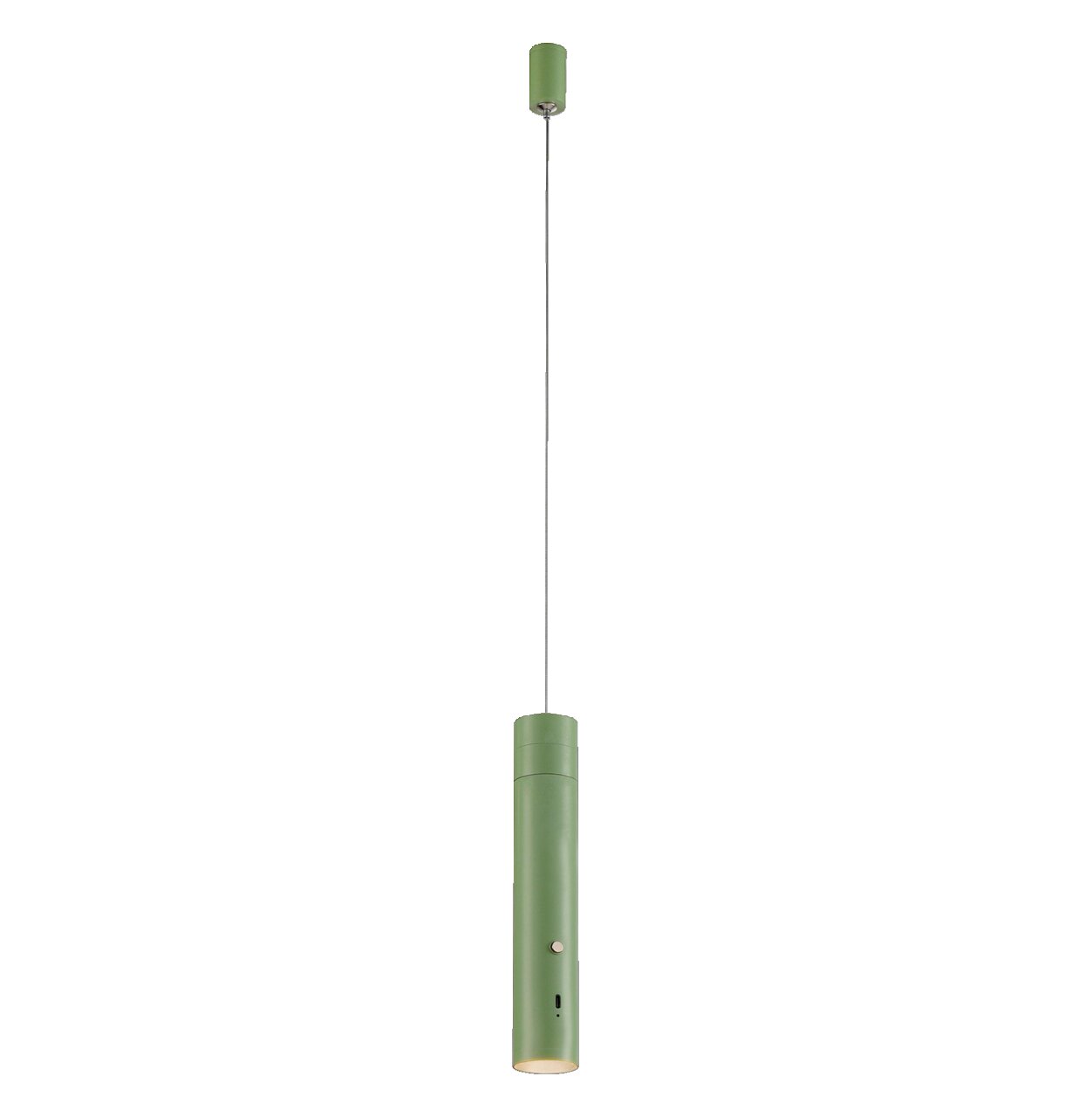 Groene hanglamp op accu in cilindrische vorm, gezien vanaf de zijkant, met een lange kabel die aan het plafond hangt.