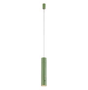Groene hanglamp op accu in cilindrische vorm, gezien vanaf de zijkant, met een lange kabel die aan het plafond hangt.