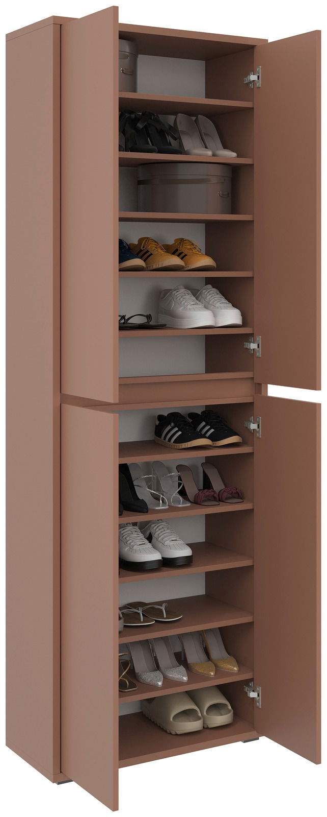 XXL-Schuh- und Mehrzweckschrank in brauner Farbe mit offenen Türen, gefüllt mit verschiedenen Schuhen, aus frontaler Perspektive.