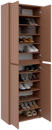 XXL-Schuh- und Mehrzweckschrank in brauner Farbe mit offenen Türen, gefüllt mit verschiedenen Schuhen, aus frontaler Perspektive.
