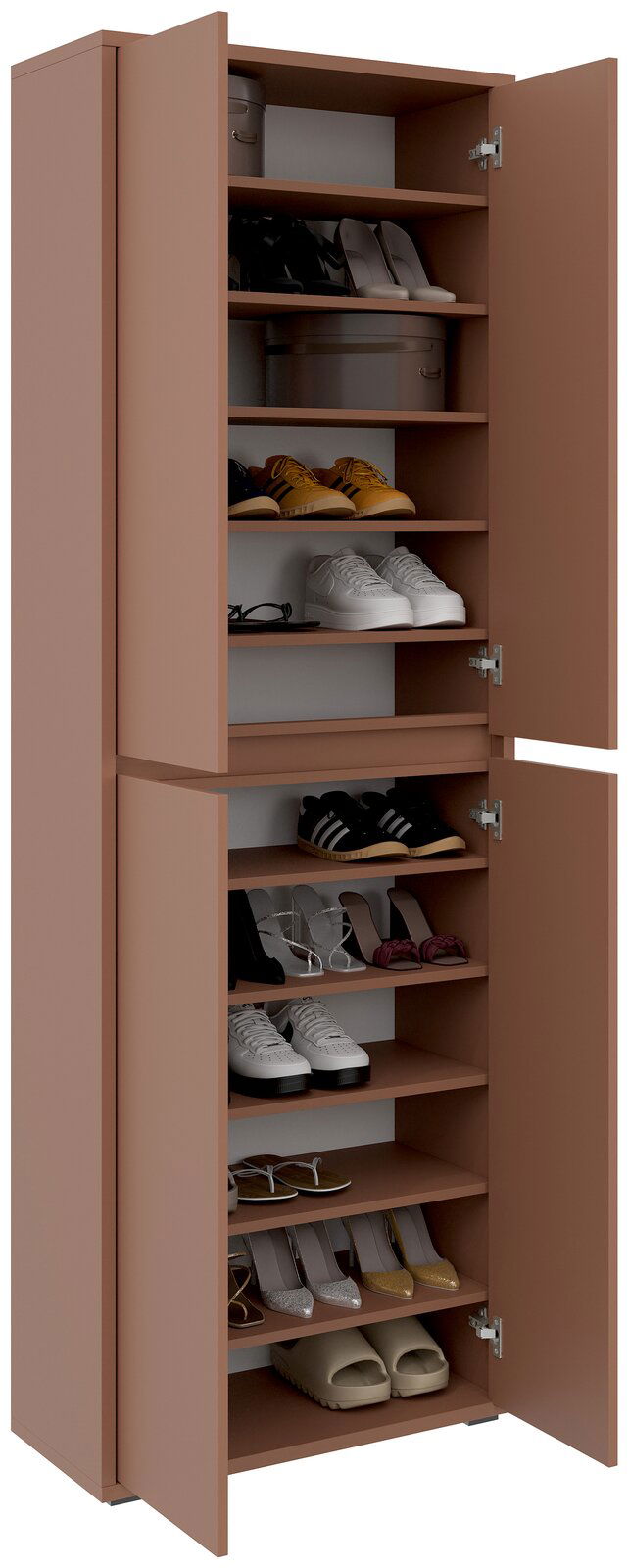 XXL-Schuh- und Mehrzweckschrank in brauner Farbe mit offenen Türen, gefüllt mit verschiedenen Schuhen, aus frontaler Perspektive.