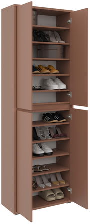 XXL-Schuh- und Mehrzweckschrank in brauner Farbe mit offenen Türen, gefüllt mit verschiedenen Schuhen, aus frontaler Perspektive.