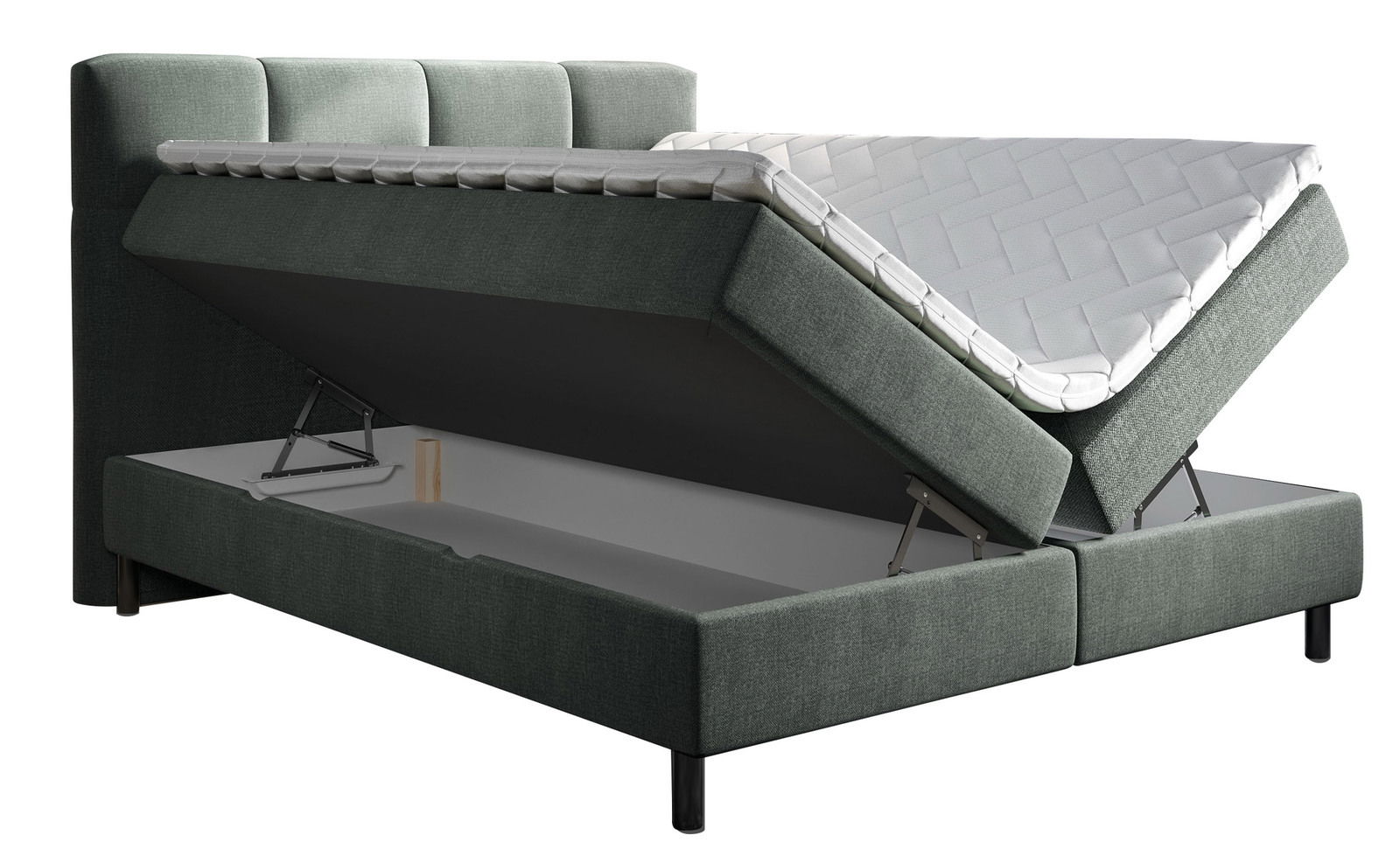 Boxbett mit hochgeklappter Matratze und Stauraum, seitliche Perspektive