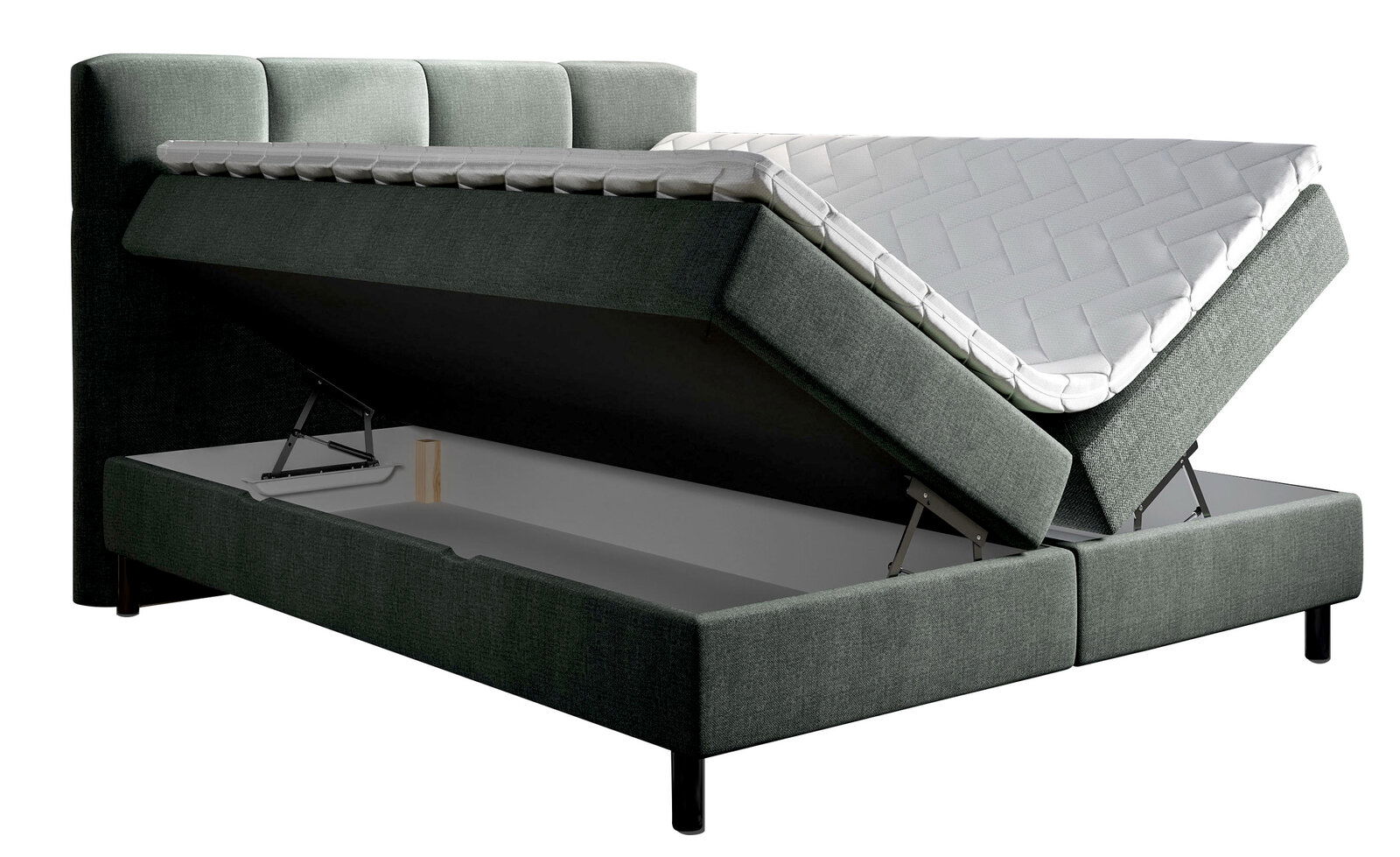 Boxbett mit hochgeklappter Matratze und Stauraum, seitliche Perspektive