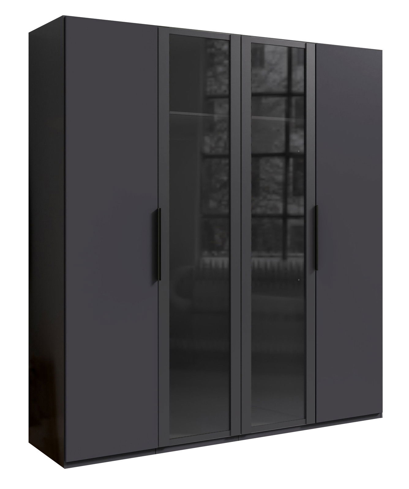 Schwarzer Drehtürenschrank mit vier Türen, zwei davon mit Glaseinsatz, in einer schrägen Perspektive von links fotografiert.