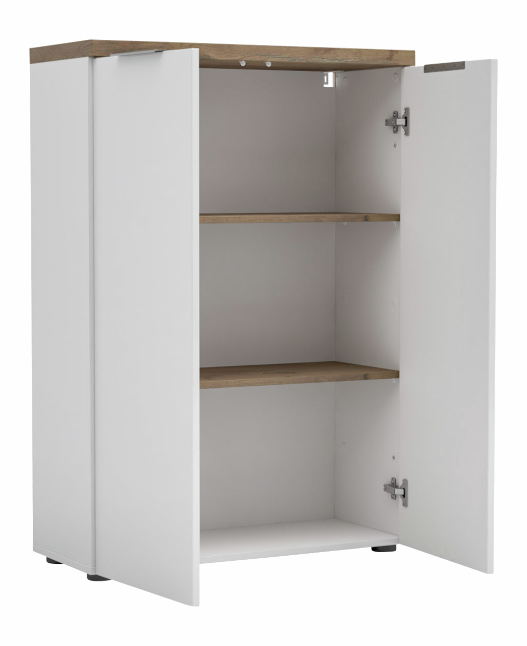 Offener, niedriger Aktenschrank mit zwei Einlegeböden, weiße Türen und Holzoberfläche, Perspektive von vorne.