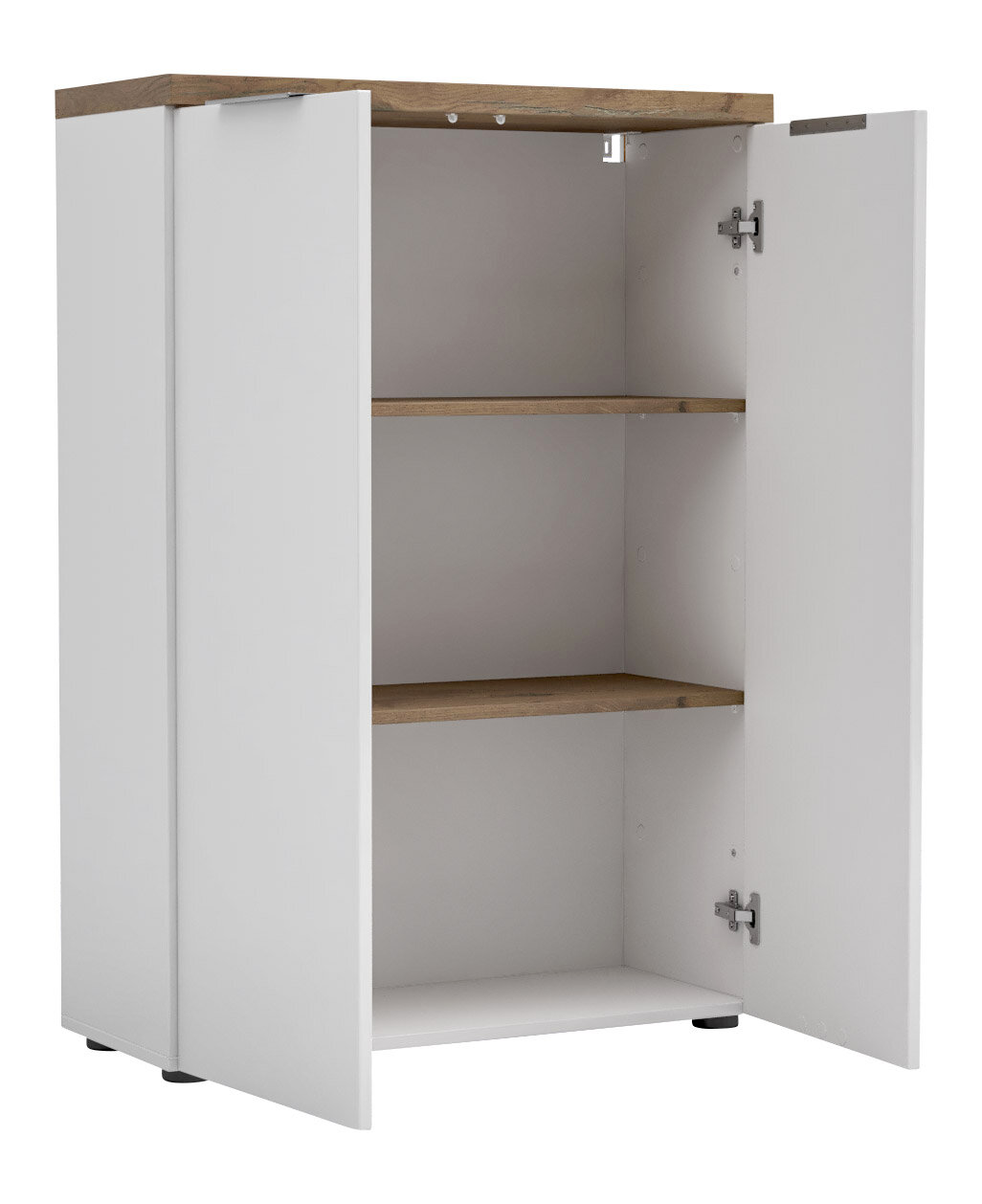 Offener, niedriger Aktenschrank mit zwei Einlegeböden, weiße Türen und Holzoberfläche, Perspektive von vorne.