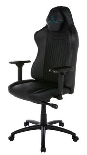 Schwarzer Gaming-Stuhl mit blauen Nähten und ergonomischem Design, seitliche Perspektive