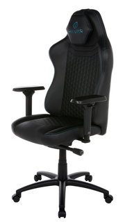 Schwarzer Gaming-Stuhl mit blauen Nähten und ergonomischem Design, seitliche Perspektive