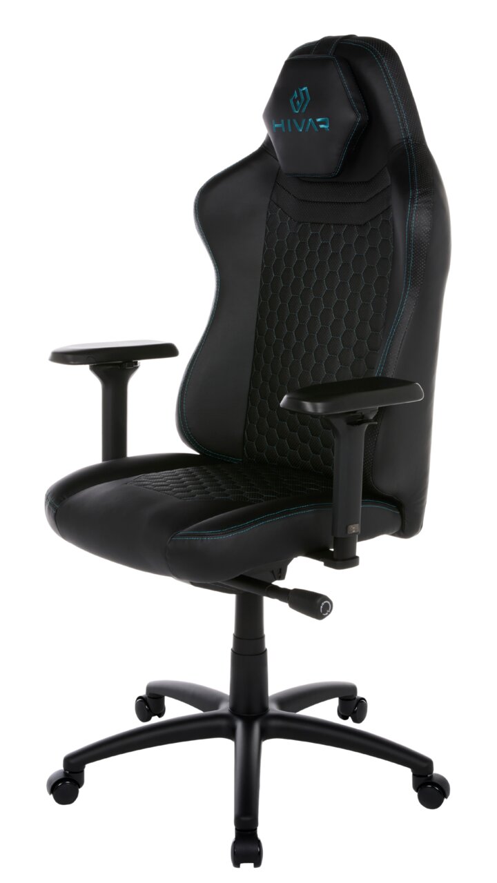 Schwarzer Gaming-Stuhl mit blauen Nähten und ergonomischem Design, seitliche Perspektive