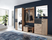 Moderne Garderobeneinrichtung mit Holz- und Spiegelelementen, bestehend aus einem großen Schuhschrank, einem Garderobenpaneel mit Haken und Ablage, einer Sitzbank mit Schuhablage und einem großen Spiegel. Perspektive: Frontalansicht.