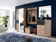 Moderne Garderobeneinrichtung mit Holz- und Spiegelelementen, bestehend aus einem großen Schuhschrank, einem Garderobenpaneel mit Haken und Ablage, einer Sitzbank mit Schuhablage und einem großen Spiegel. Perspektive: Frontalansicht.