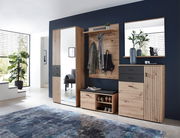 Moderne Garderobeneinrichtung mit Holz- und Spiegelelementen, bestehend aus einem großen Schuhschrank, einem Garderobenpaneel mit Haken und Ablage, einer Sitzbank mit Schuhablage und einem großen Spiegel. Perspektive: Frontalansicht.