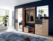 Moderne Garderobeneinrichtung mit Holz- und Spiegelelementen, bestehend aus einem großen Schuhschrank, einem Garderobenpaneel mit Haken und Ablage, einer Sitzbank mit Schuhablage und einem großen Spiegel. Perspektive: Frontalansicht.