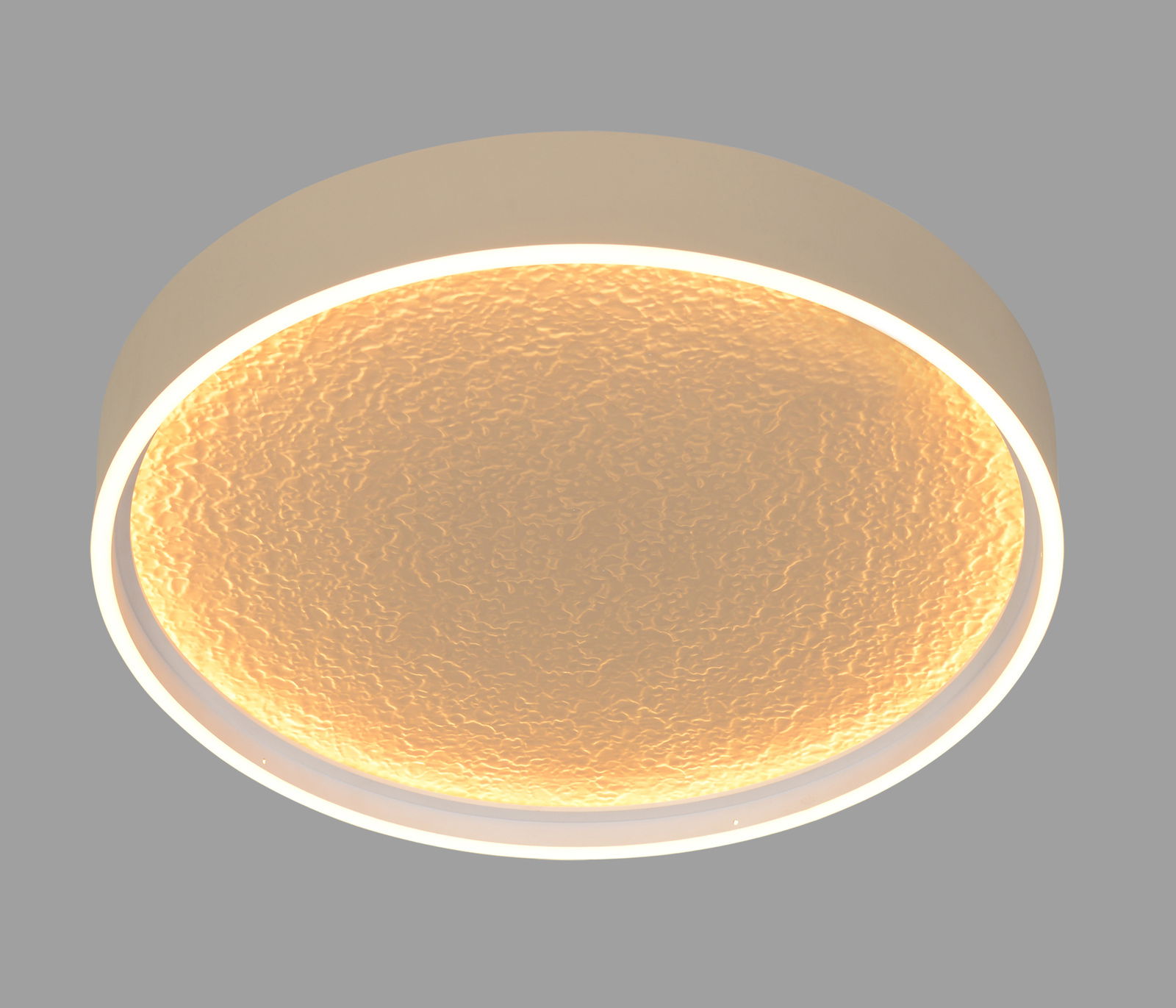 Runde LED-Deckenleuchte mit warmem Licht, seitliche Perspektive