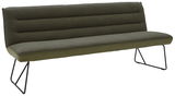 Grüne Bank mit gepolsterter Sitzfläche und Rückenlehne, seitliche Perspektive, schwarze Metallbeine.