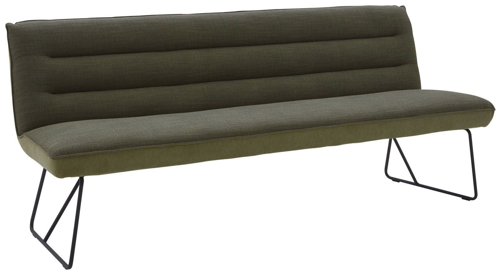 Grüne Bank mit gepolsterter Sitzfläche und Rückenlehne, seitliche Perspektive, schwarze Metallbeine.