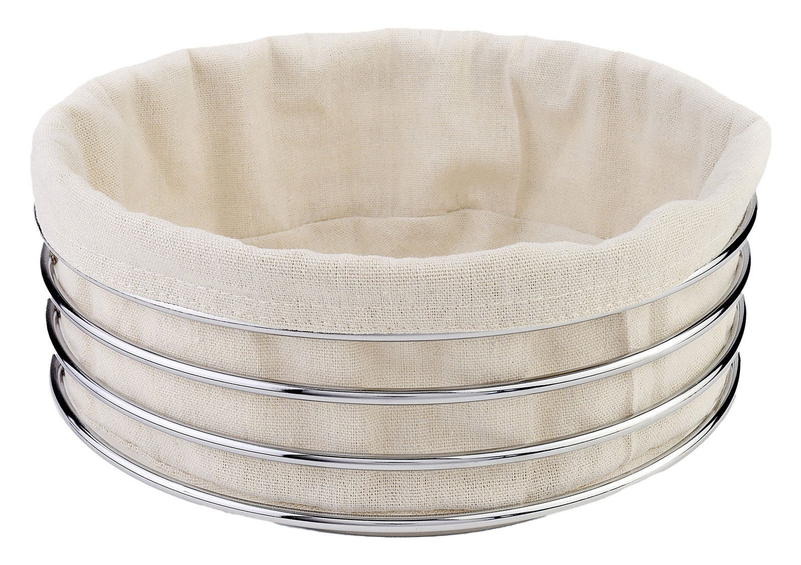 Runder Brotkorb mit Metallrahmen und beigem Stoffeinsatz, seitliche Perspektive