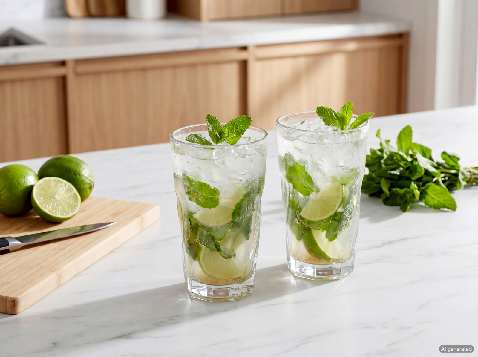 Twee hoge glazen mojito met ijs, limoenpartjes en verse munt op een marmeren aanrecht, gefotografeerd vanuit een lichte schuin-voorzijde (3/4) perspectief op de achtergrond liggen limoenen, een snijplank en munt.