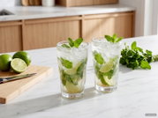 Twee hoge glazen mojito met ijs, limoenpartjes en verse munt op een marmeren aanrecht, gefotografeerd vanuit een lichte schuin-voorzijde (3/4) perspectief; op de achtergrond liggen limoenen, een snijplank en munt.