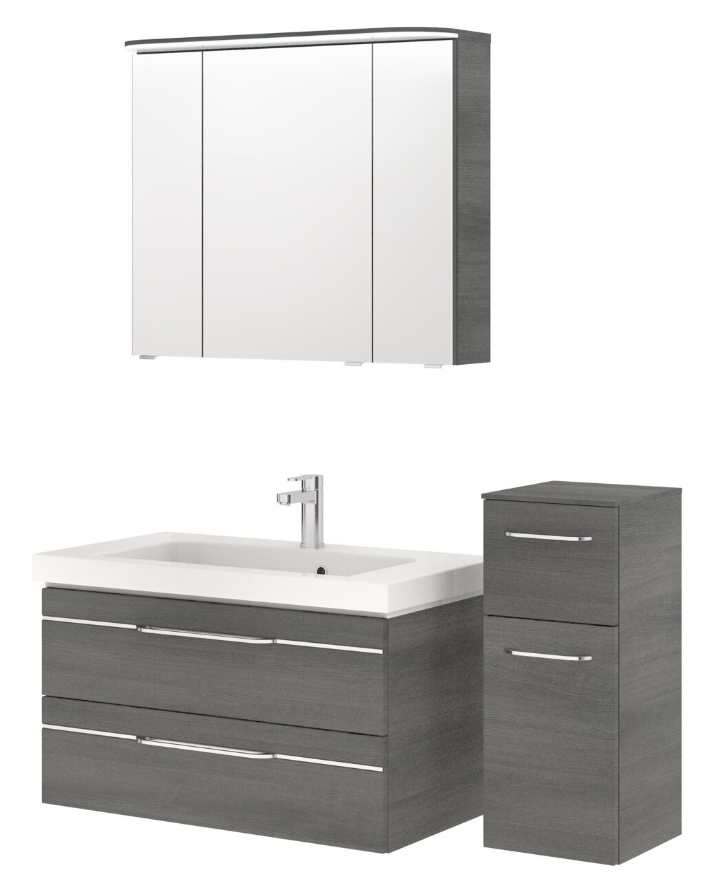 Badezimmermöbel-Set bestehend aus einem Spiegelschrank, einem Waschbeckenunterschrank mit zwei Schubladen und einem hohen Schrank, in moderner grauer Holzoptik, frontal betrachtet.