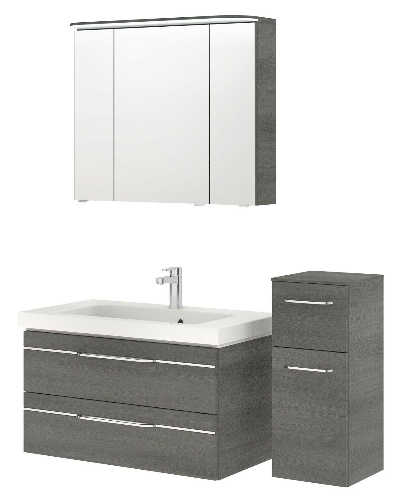 Badezimmermöbel-Set bestehend aus einem Spiegelschrank, einem Waschbeckenunterschrank mit zwei Schubladen und einem hohen Schrank, in moderner grauer Holzoptik, frontal betrachtet.