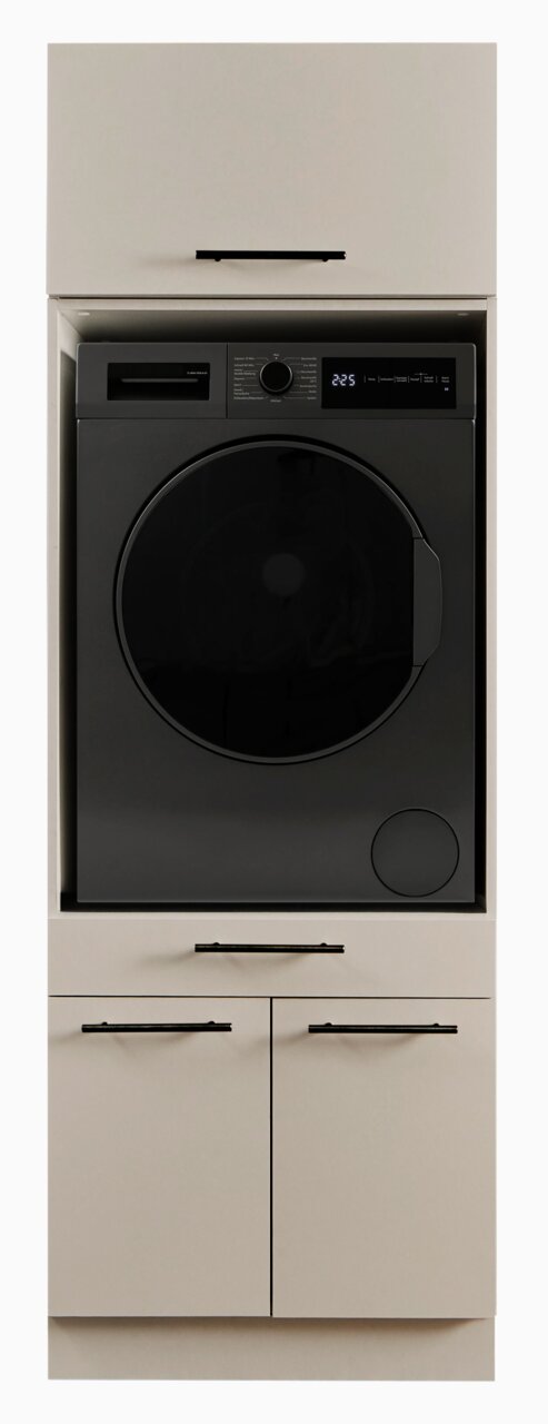 Schwarze Frontlader-Waschmaschine mit großem Bullauge und digitalem Bedienfeld, in einen hellen Einbauschrank integriert, Frontalansicht.