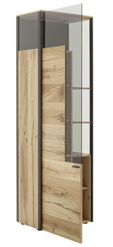 Vitrine aus Holz und Glas, teilweise geöffnet, mit seitlicher Perspektive.