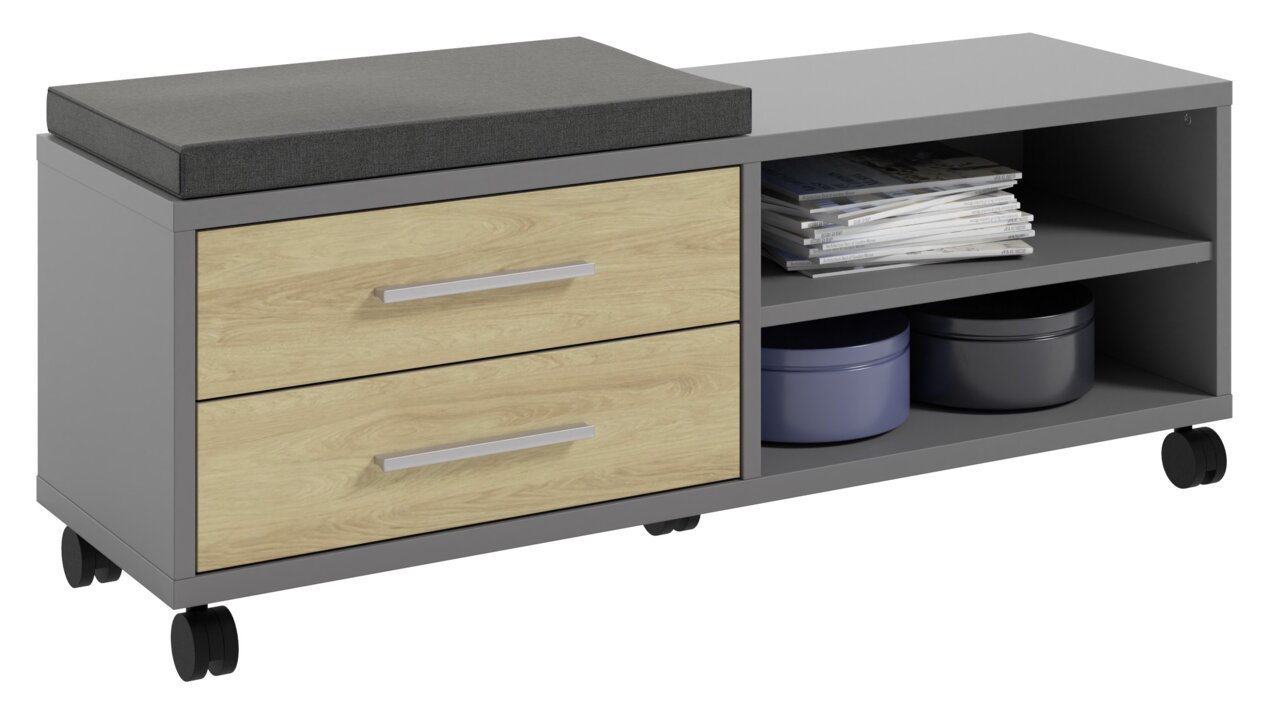 Manjana Sitz-Rollcontainer lang TEXAS Sitz-Rollcontainer mit zwei Holzschubladen und einem offenen Regal, auf Rollen, seitliche Perspektive
