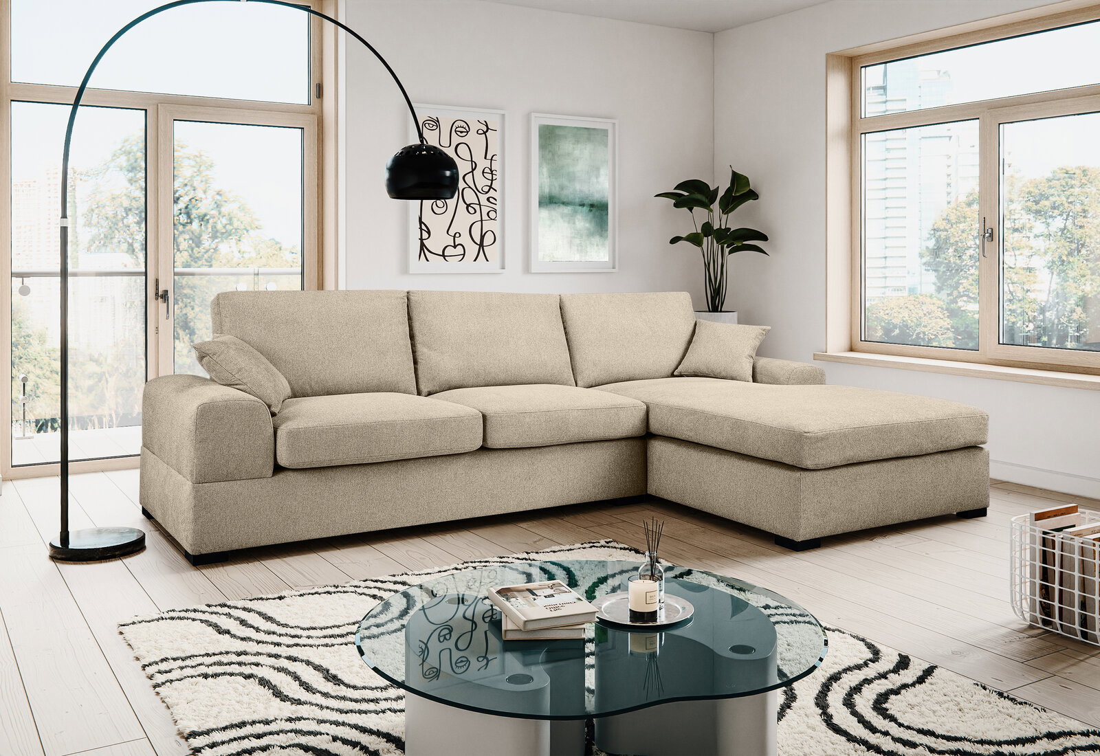 MID.YOU Hoekbank VEDA Beiges L-förmiges Ecksofa mit Recamiere rechts in modernem, hellem Wohnzimmer, fotografiert in frontaler leicht seitlicher Perspektive.