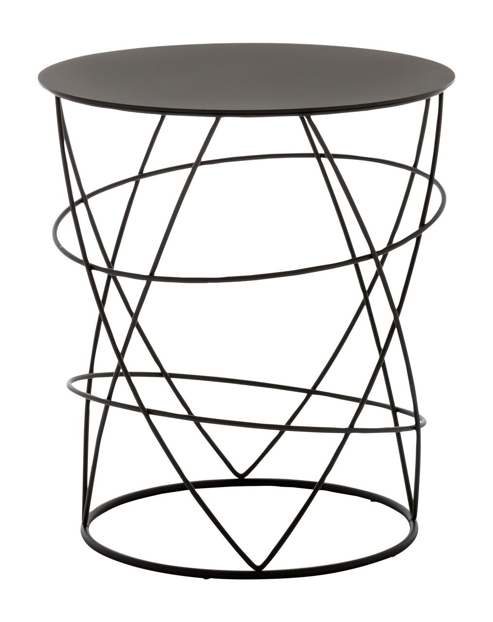 Moderner Beistelltisch mit schwarzer runder Tischplatte und geometrischem Drahtgestell, seitliche Perspektive.