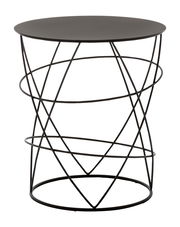 Moderner Beistelltisch mit schwarzer runder Tischplatte und geometrischem Drahtgestell, seitliche Perspektive.
