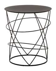 Moderner Beistelltisch mit schwarzer runder Tischplatte und geometrischem Drahtgestell, seitliche Perspektive.