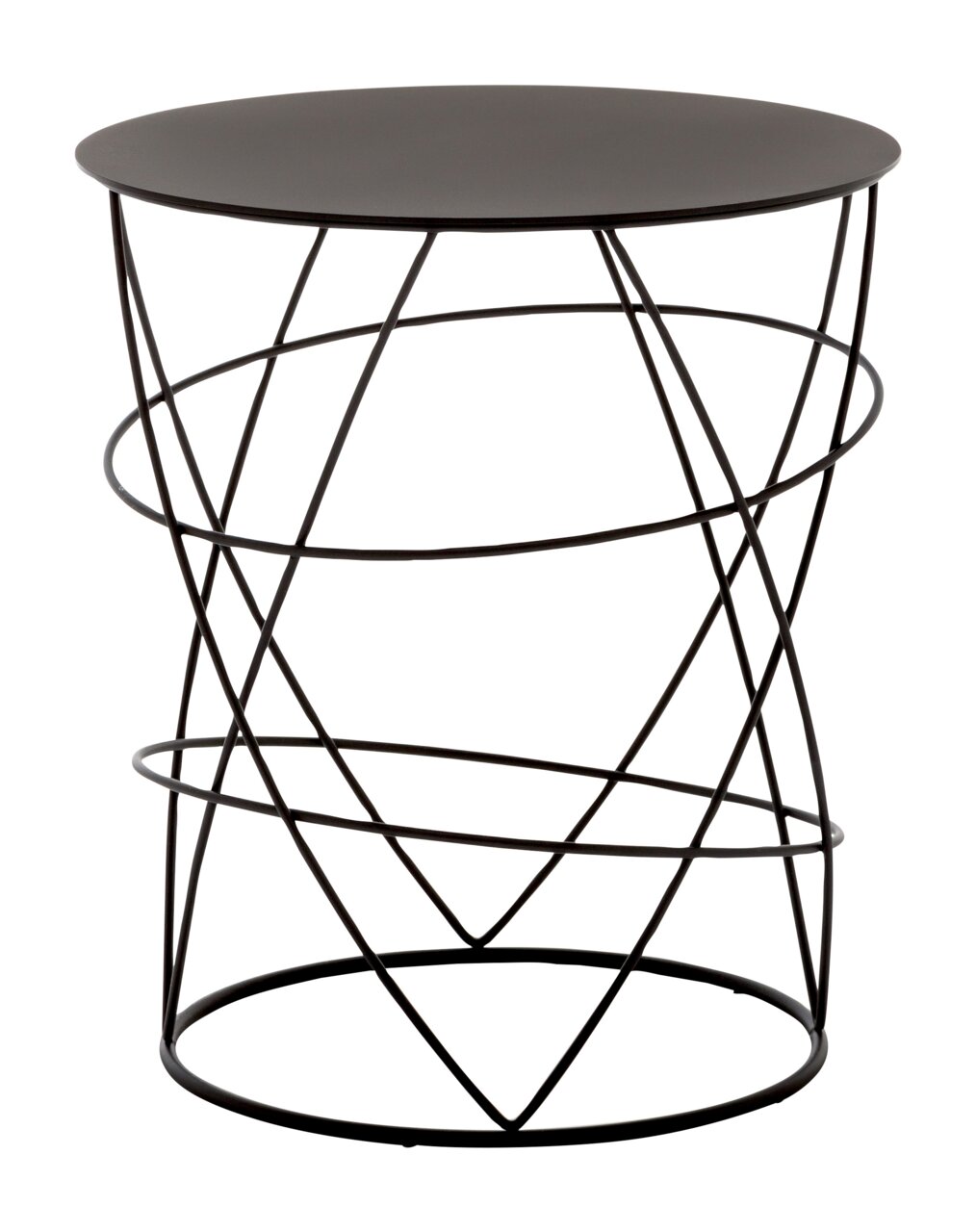 Moderner Beistelltisch mit schwarzer runder Tischplatte und geometrischem Drahtgestell, seitliche Perspektive.