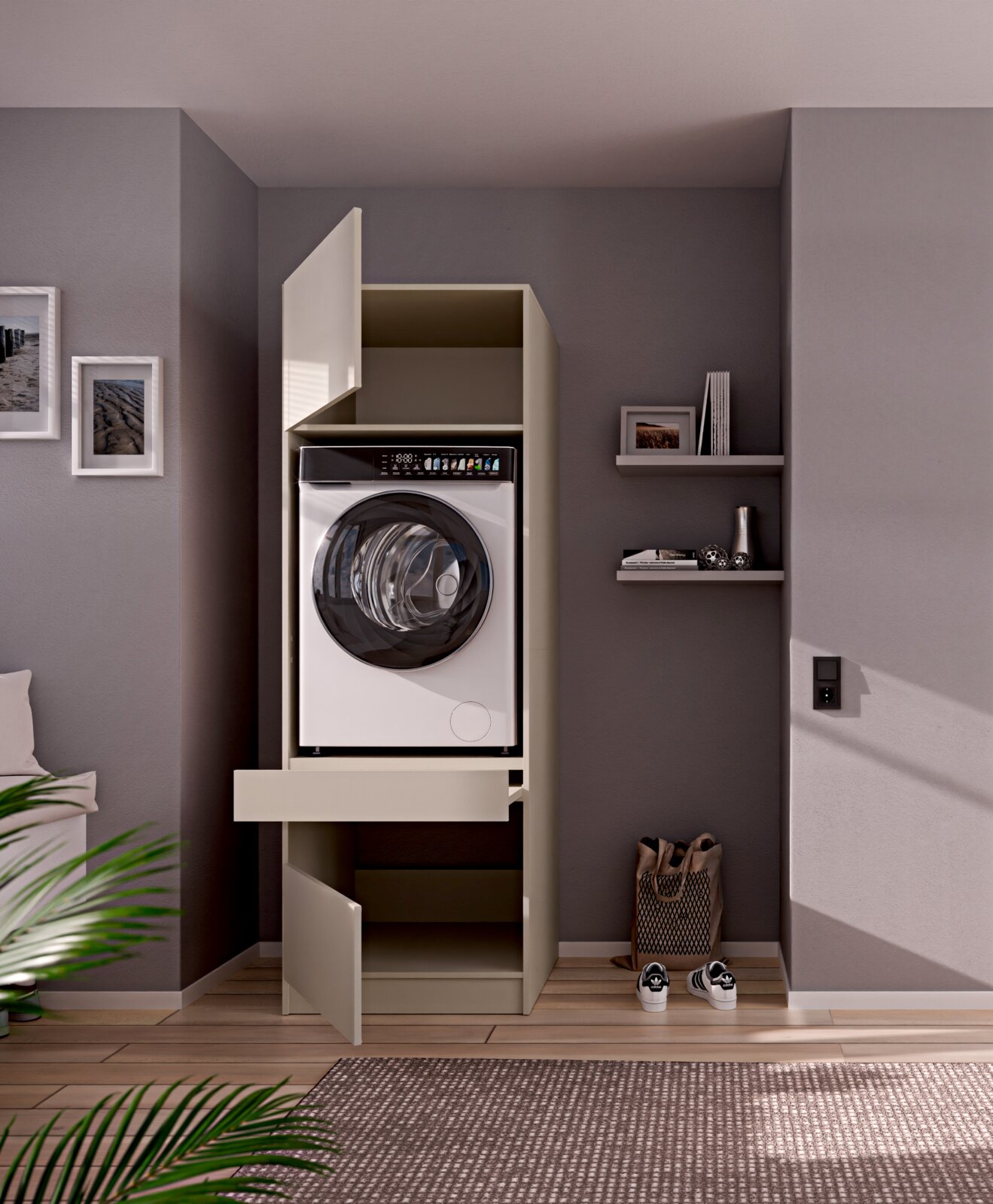 Frontaanzicht op een slanke, beige wasmachinekast met open deuren en uittrekbare plank, met een voorlader wasmachine erin, in een moderne wasruimte met grijze muur en zwevende planken.