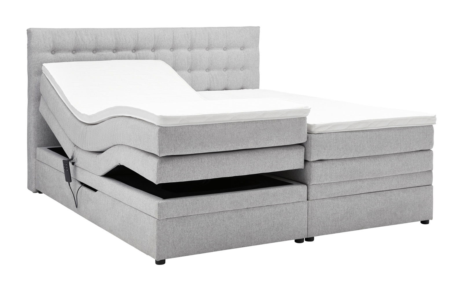 Graues Boxspringbett mit verstellbarem Kopfteil, seitliche Perspektive
