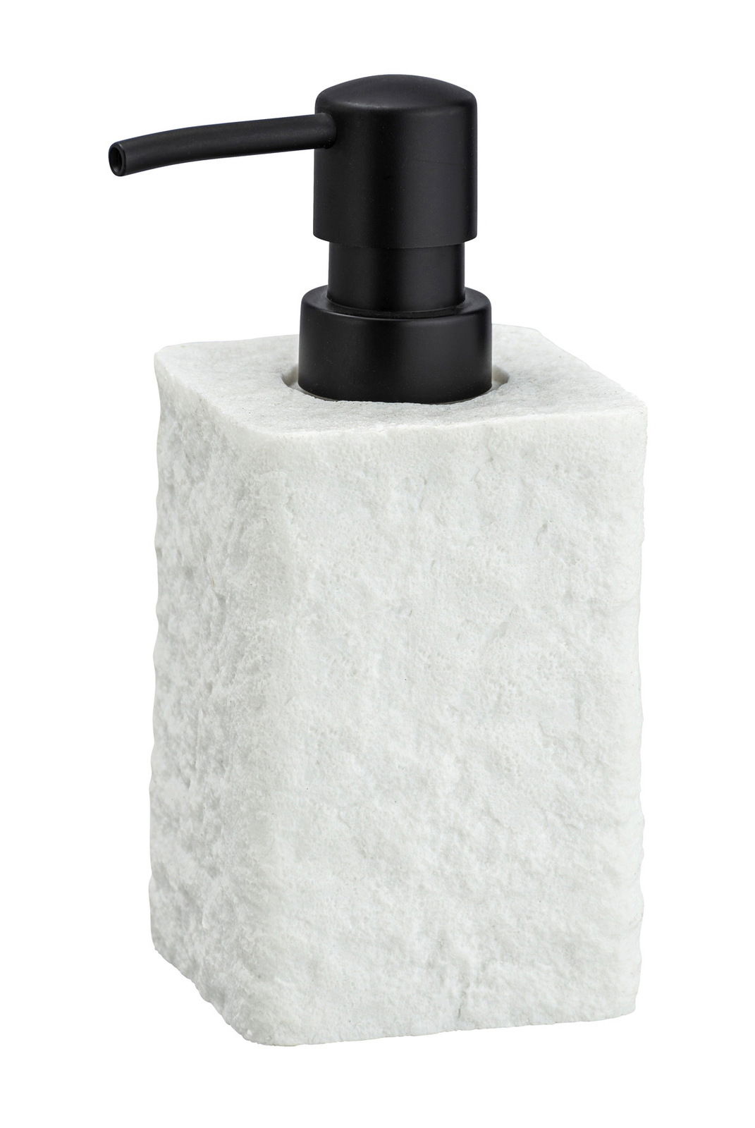 Seifenspender aus weißem Stein mit schwarzem Pumpkopf, seitliche Perspektive