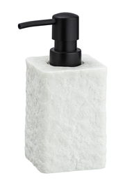 Seifenspender aus weißem Stein mit schwarzem Pumpkopf, seitliche Perspektive
