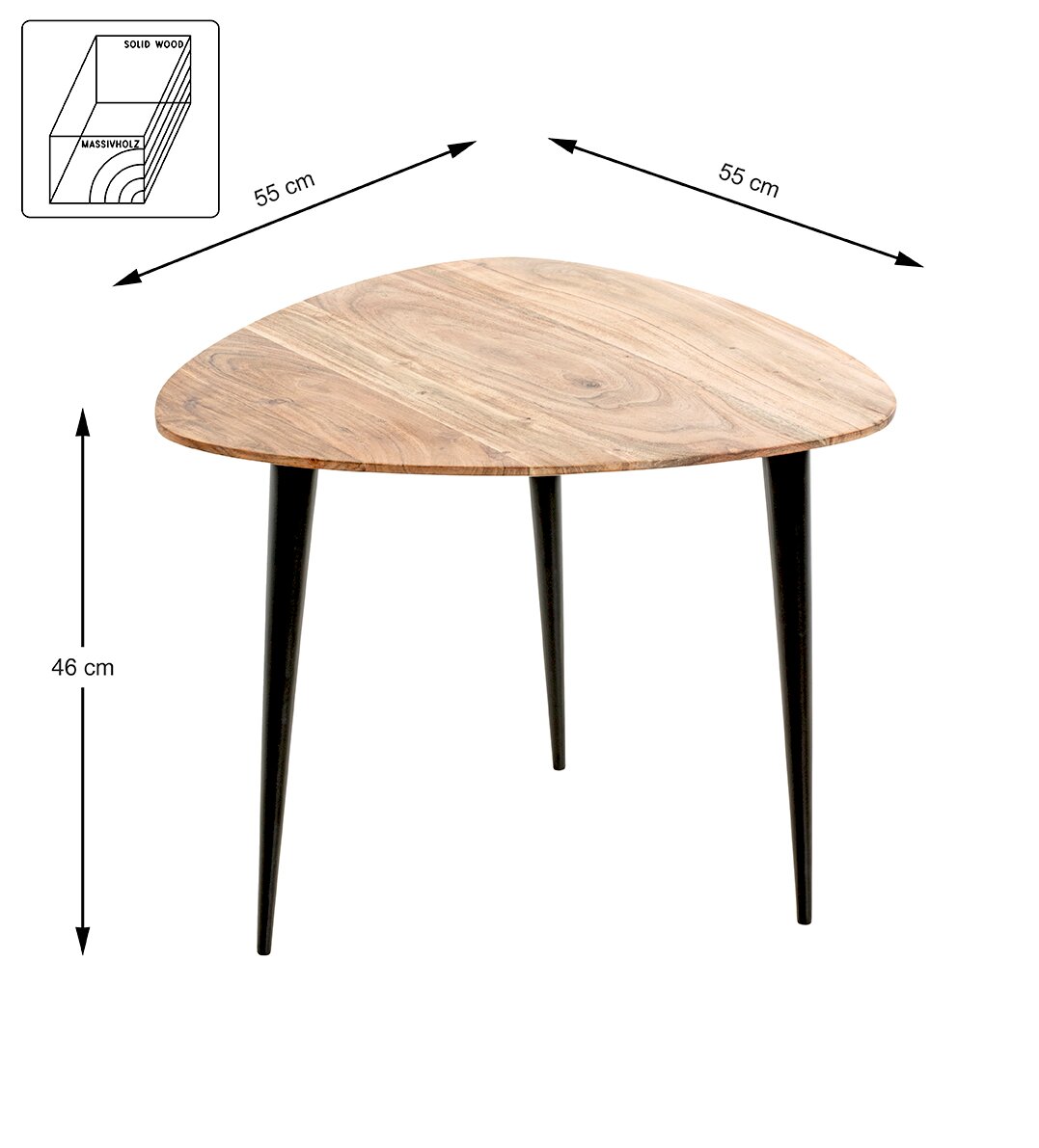Runder Couchtisch aus Massivholz mit natürlicher Holzmaserung und schwarzen, schräg zulaufenden Beinen, Maße ca. 55 x 55 cm und 46 cm Höhe, freigestellt in frontaler leicht schräger Perspektive.