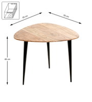 Runder Couchtisch aus Massivholz mit natürlicher Holzmaserung und schwarzen, schräg zulaufenden Beinen, Maße ca. 55 x 55 cm und 46 cm Höhe, freigestellt in frontaler leicht schräger Perspektive.