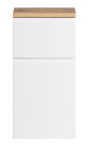 Moderner Unterschrank mit weißer Front und Holzplatte, Frontalansicht