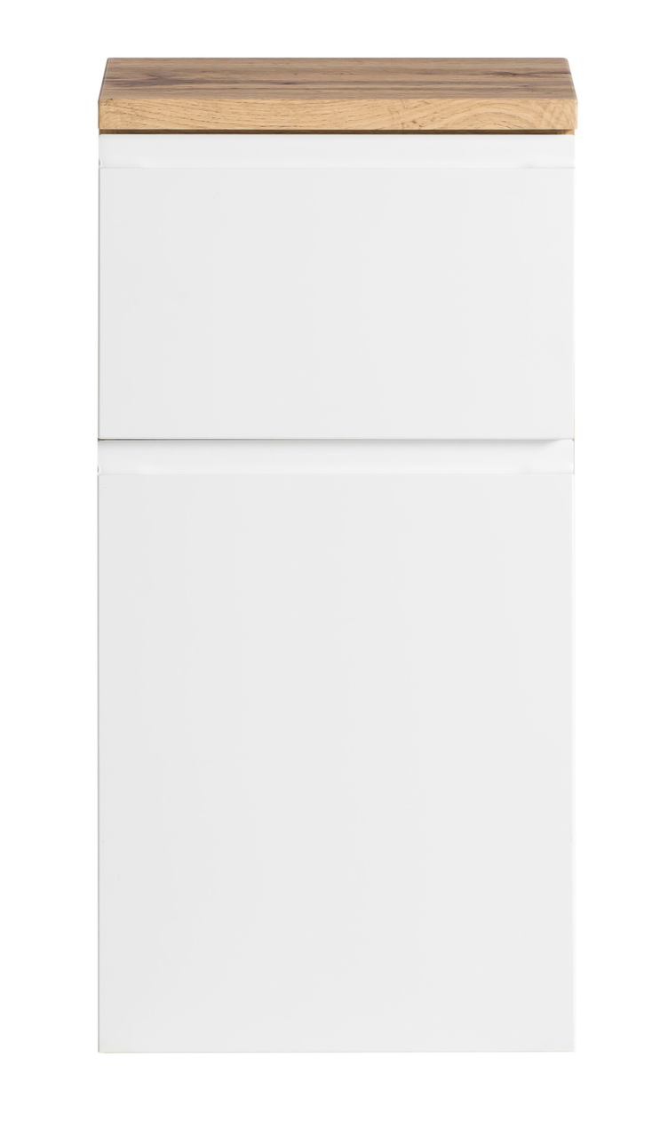 Moderner Unterschrank mit weißer Front und Holzplatte, Frontalansicht