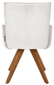 Rückansicht eines Armlehnstuhls mit gestreiftem Stoffbezug und Holzbeinen